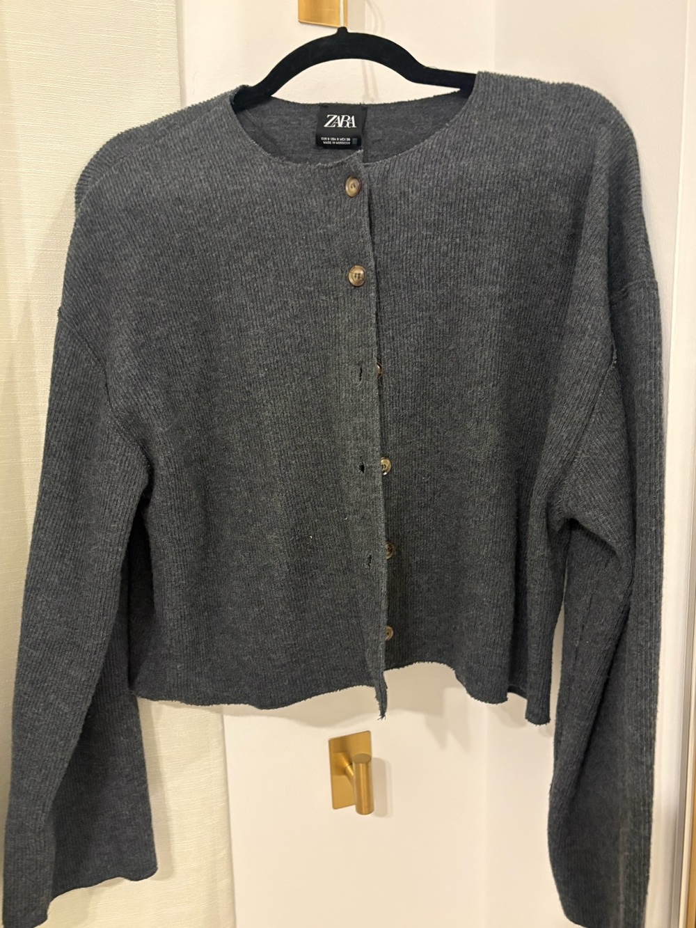 Zara Charcoal Gray Button-Front Cropped Crewneck Cardigan